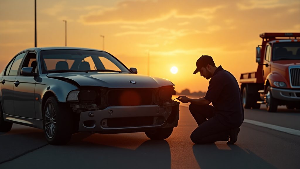 Mechanic inspecting a damaged car on the roadside at sunset with a tow truck in the background, symbolizing the importance of timely auto repair and roadside assistance.
