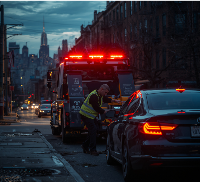 A professional towing team is securing a semi-truck with heavy-duty chains and safety cones on a highway during a roadside recovery operation.